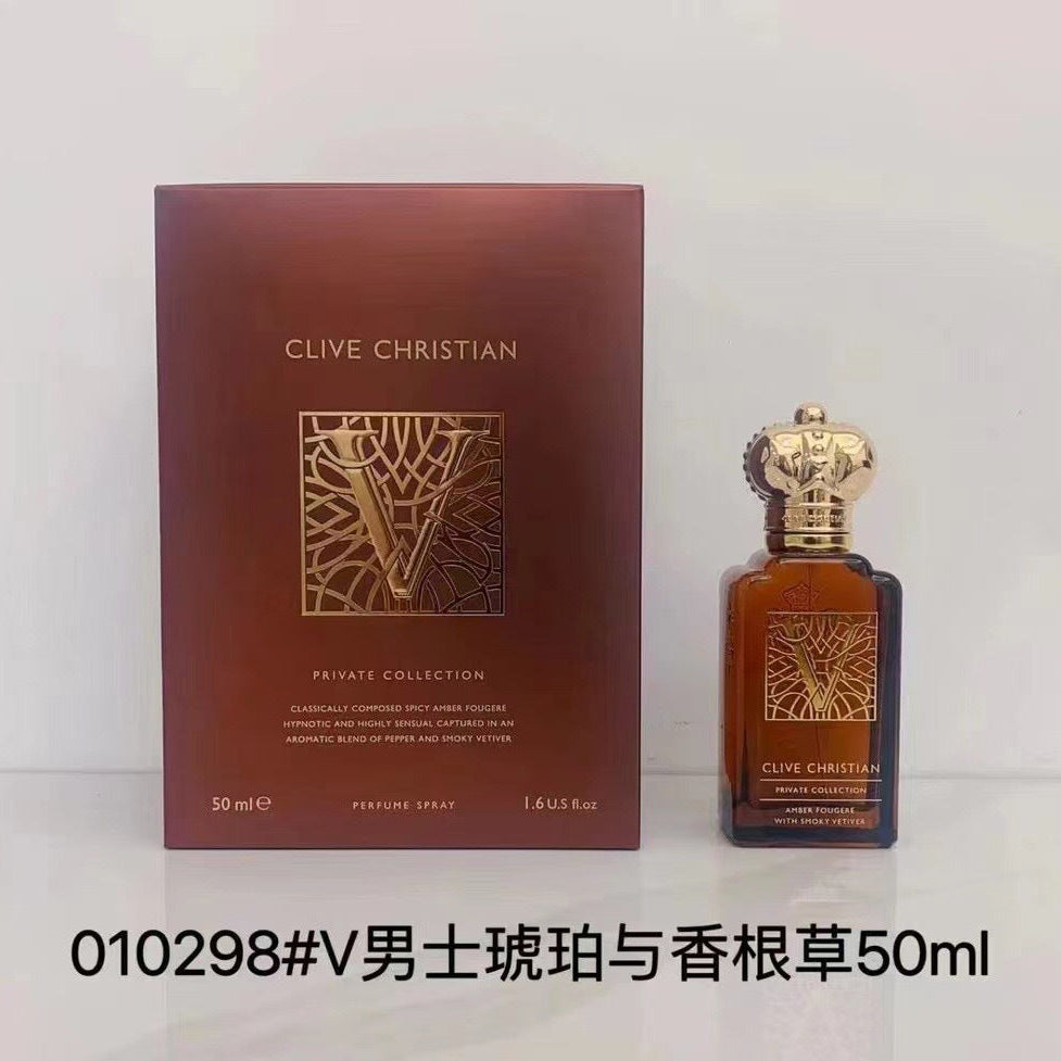 Clive Christian Private Collection perfume bottle and its box, both in a dark reddish-brown color with gold detailing, set against a light gray background. Chinese text is overlaid at the bottom.