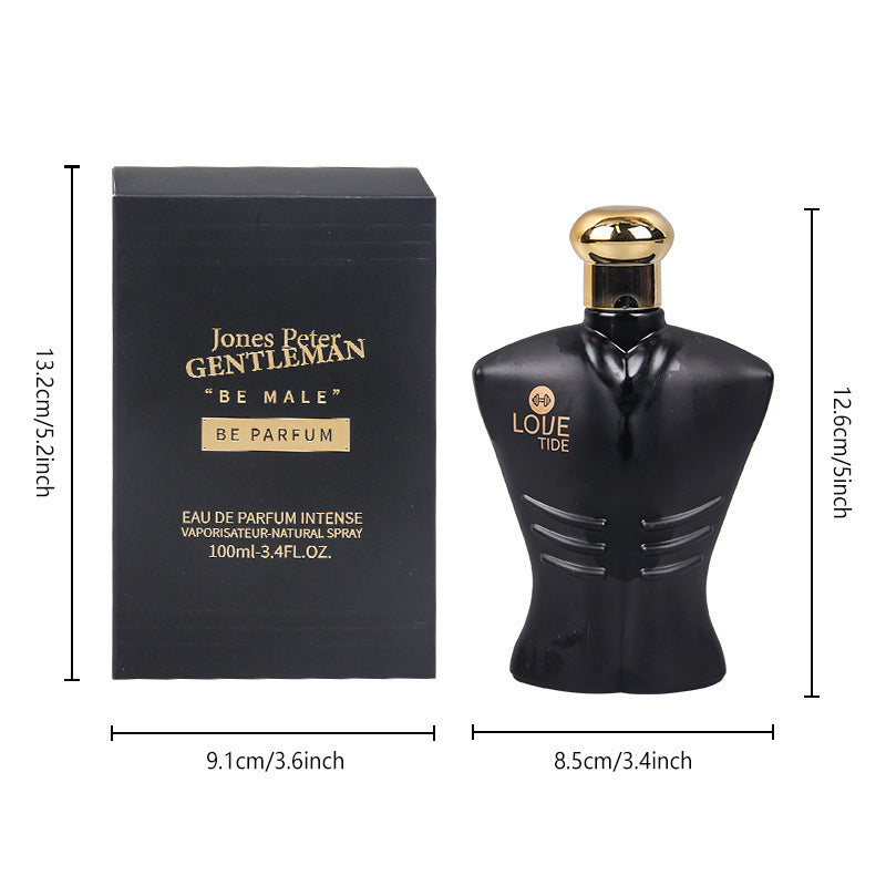 Perfume bottle and packaging with dimensions on a white background