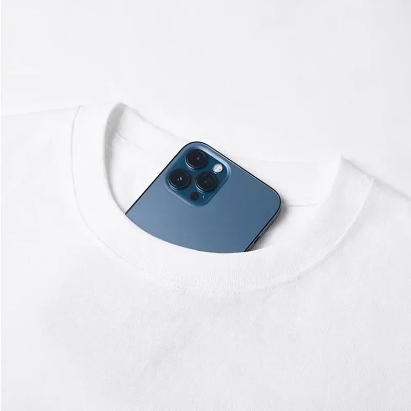 Blue phone case on a white shirt