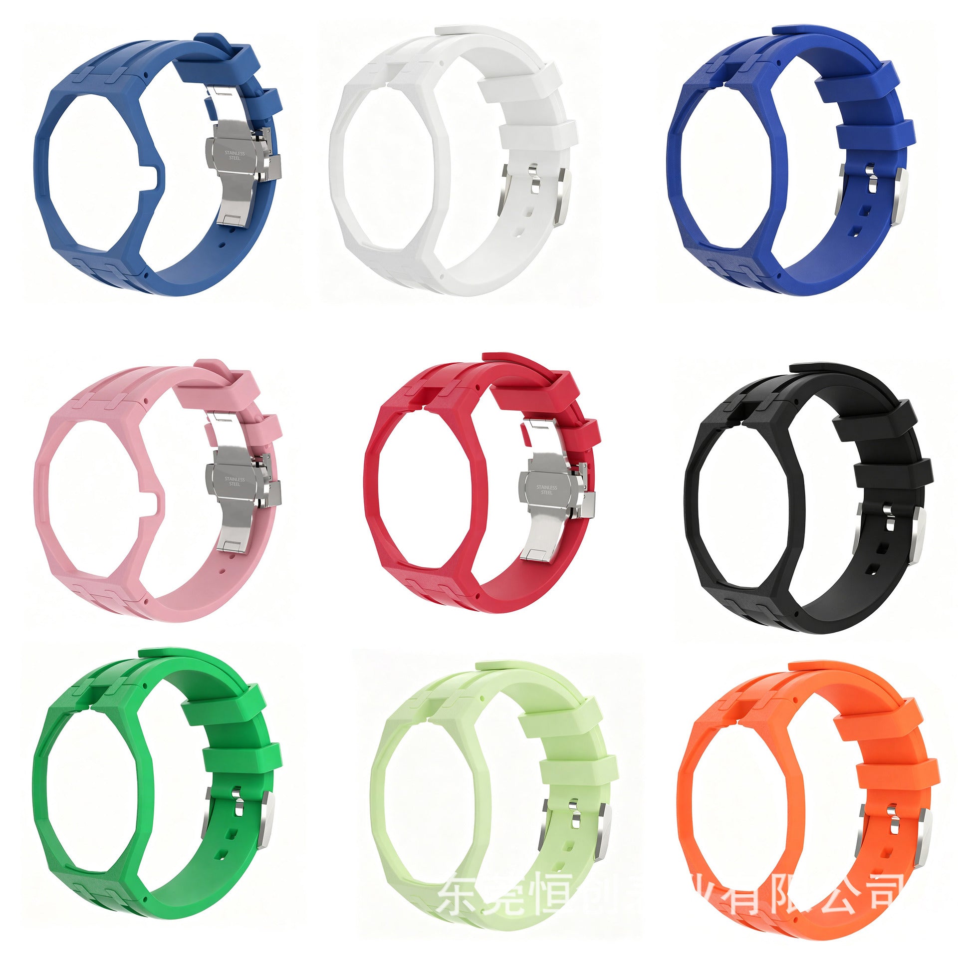 Nine silicone watch band straps in different colors are arranged in a 3x3 grid on a white background. The colors include blue, white, dark blue, pink, red, black, green, light green, and orange.