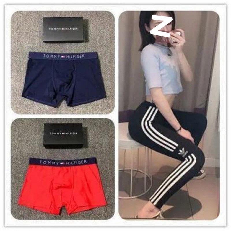Collage of Tommy Hilfiger underwear in red and navy with a person wearing black pants with white stripes.
