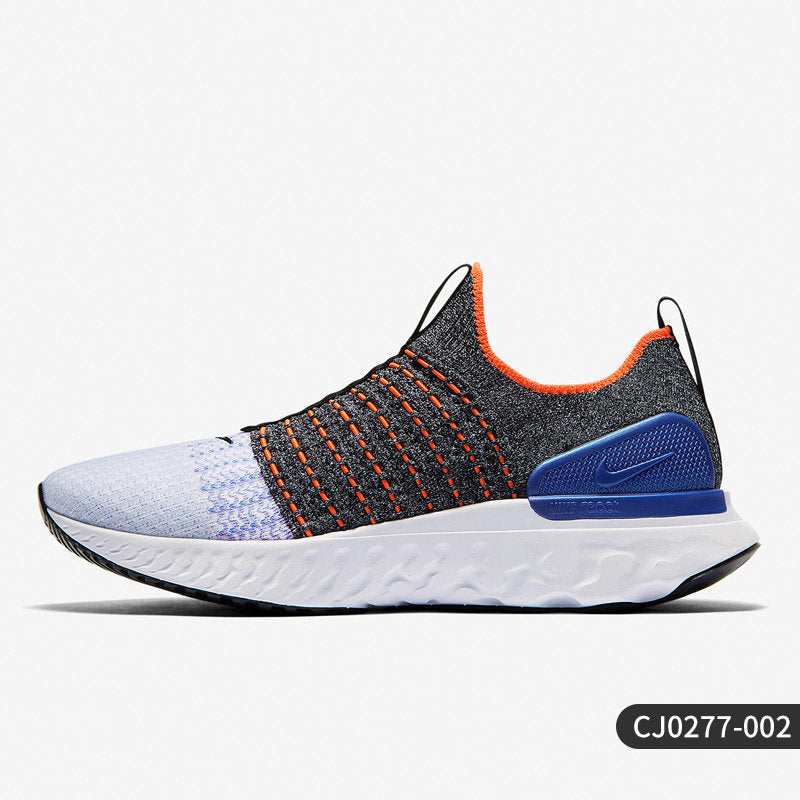 Gray and blue running shoe with orange accents on a white background