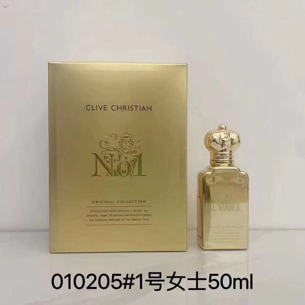 Clive Christian No. 1 Original Collection perfume bottle and its gold box, shown on a light gray background with product text overlay at the bottom.