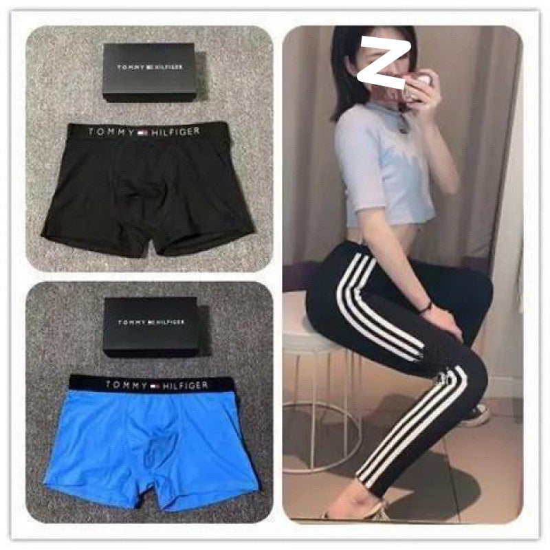 Collage of black and blue Tommy Hilfiger boxer briefs with a person wearing black pants with white stripes.