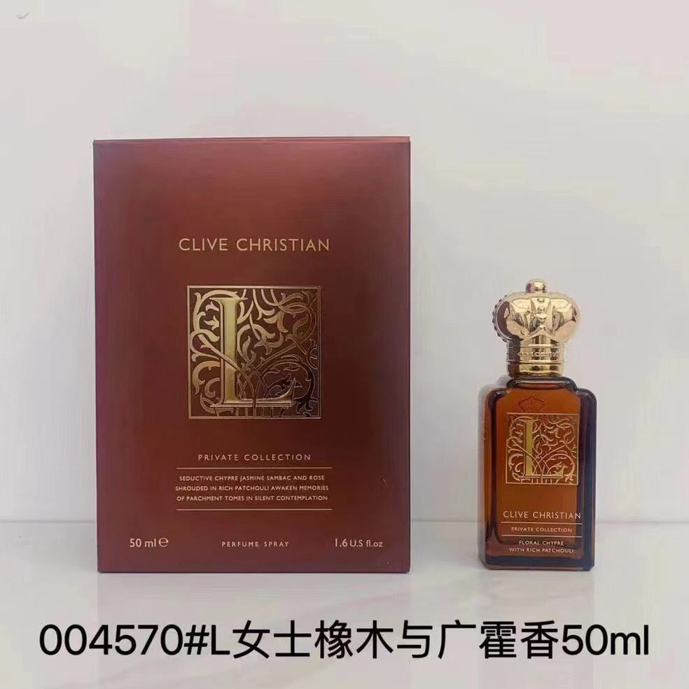Clive Christian Private Collection perfume spray 50ml bottle next to its dark brown box, with Chinese text overlay at the bottom.