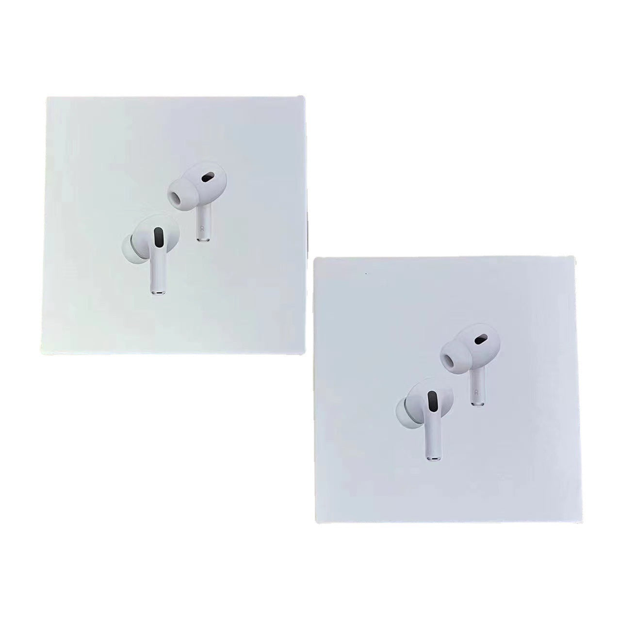 Two pairs of white wireless earbuds on a white background