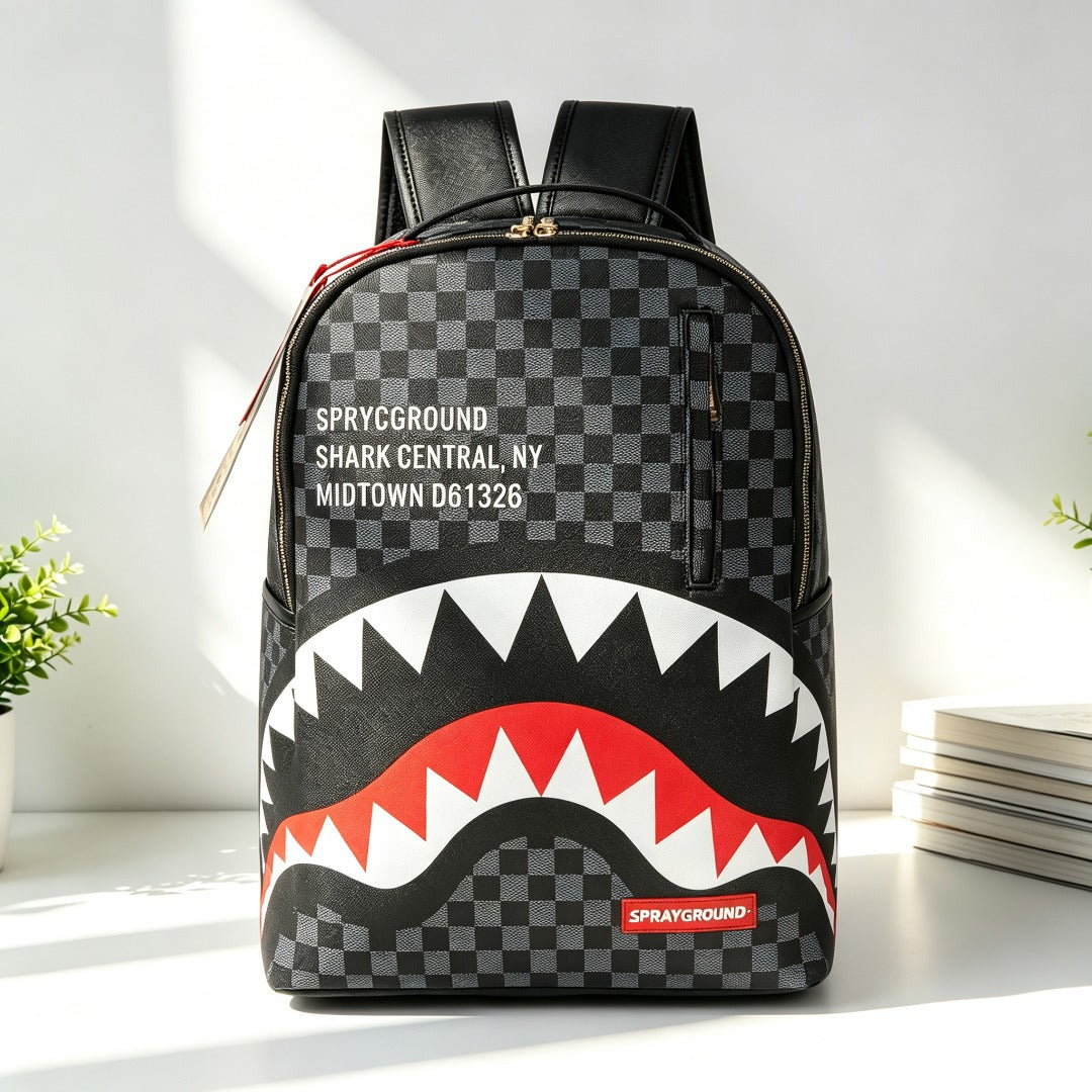 A Sprayground Shark backpack in black and gray checkerboard pattern, featuring a large shark mouth graphic with white teeth and a red interior, plus white text on the front.