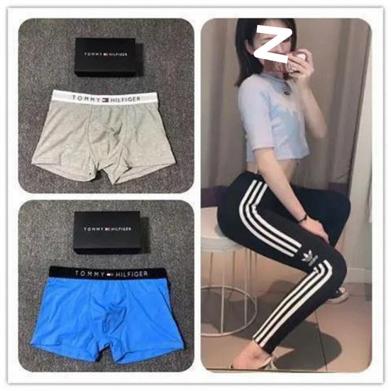 Collage of Tommy Hilfiger underwear and a person wearing Adidas pants.