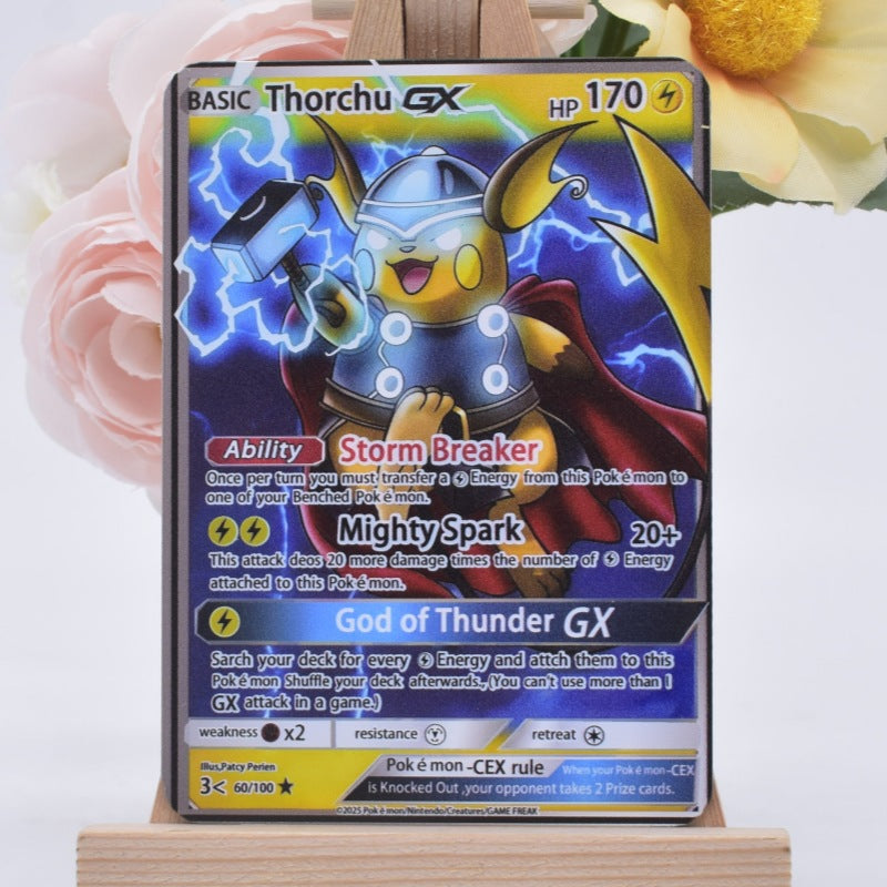A Pokémon trading card featuring Thorchu GX, displayed upright on a small wooden stand against a soft pink floral background.
