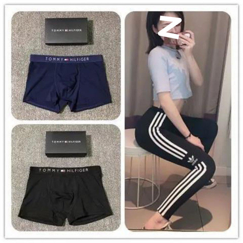 Collage of Tommy Hilfiger underwear and a person wearing black pants with white stripes.