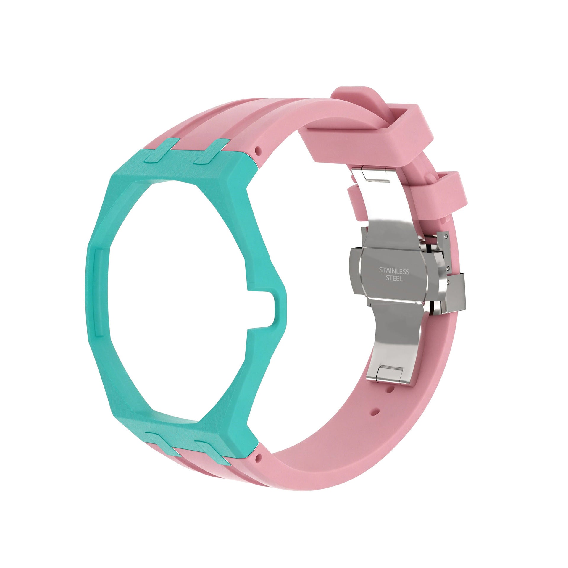 A pink silicone watch strap with a mint green bezel insert and a stainless steel buckle, shown on a solid white background.