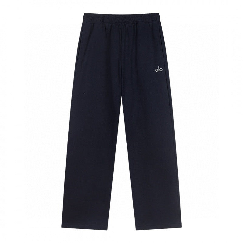 Black pants with a brand logo on a white background