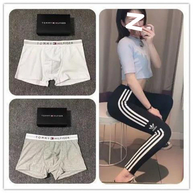 Collage of Tommy Hilfiger underwear and a person wearing Adidas pants.