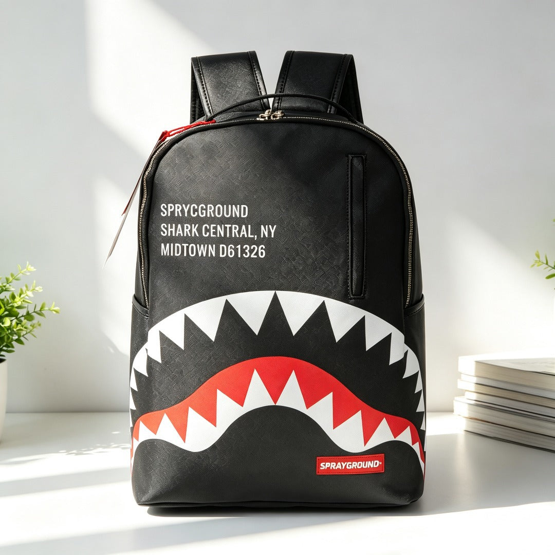 A black Sprayground Shark Central backpack with a large shark mouth graphic in white and red, featuring white text on the front, displayed on a white surface with plants and books in the background.
