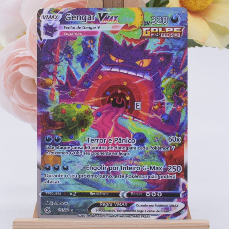 A holographic Pokémon TCG trading card of Gengar VMAX (Plasma Recoiling) displayed on a small wooden stand. The card features a vibrant, multicolored holographic illustration of Gengar with purple, pink, green, and orange tones.