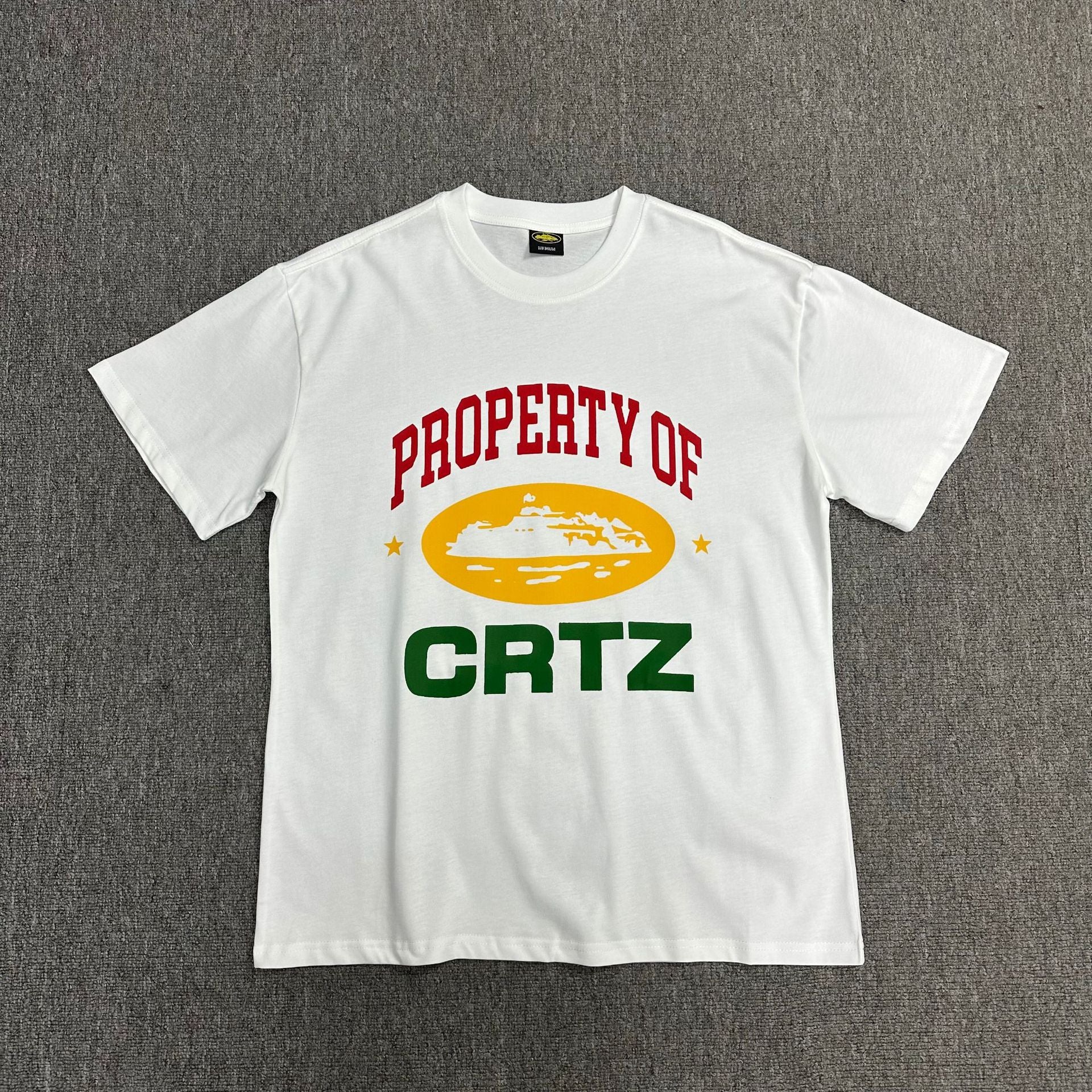 White t-shirt with 'Property of CRTZ' graphic on a gray background