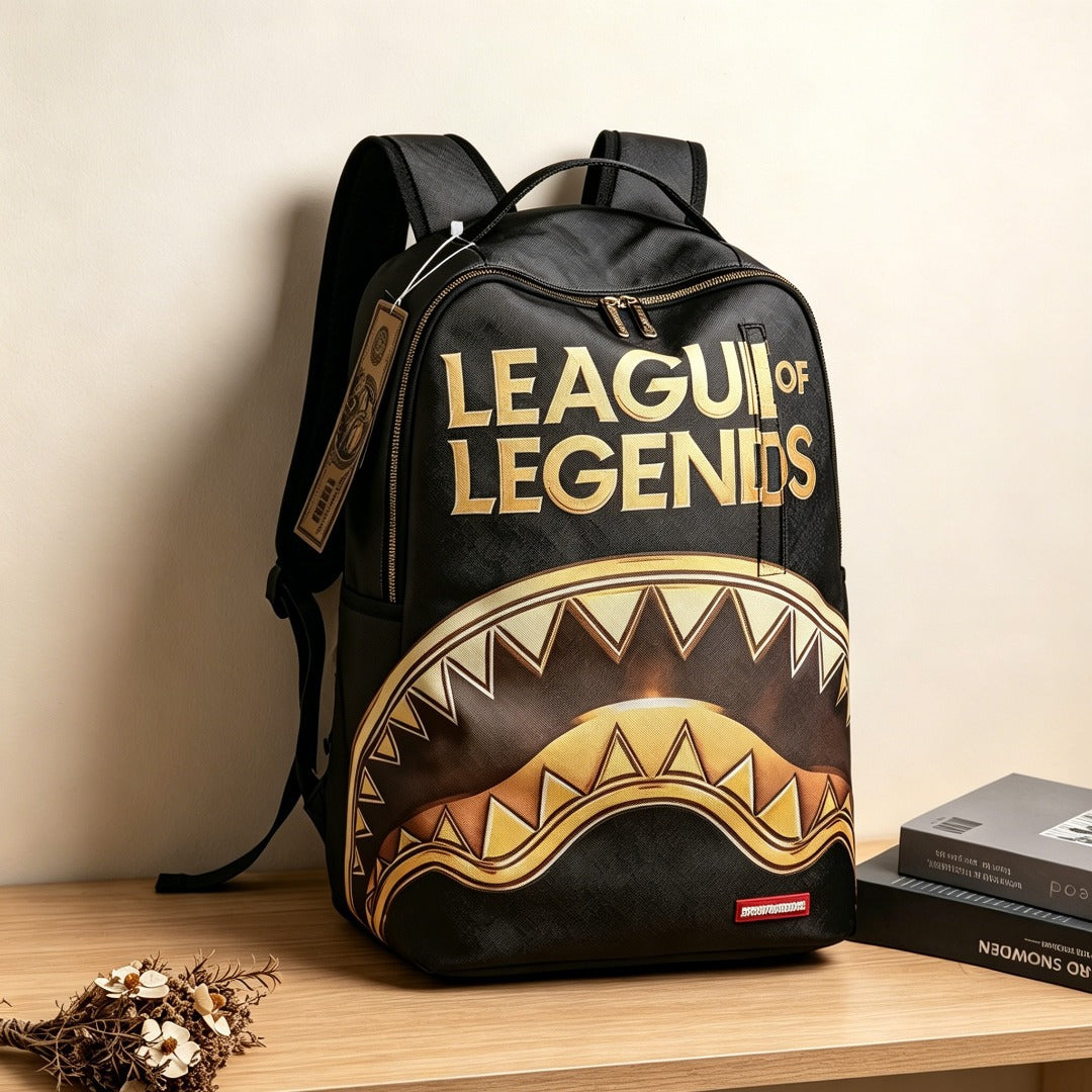 A black backpack with a gold League of Legends shark mouth graphic and 'LEAGUE OF LEGENDS' text, displayed on a wooden shelf next to a book.