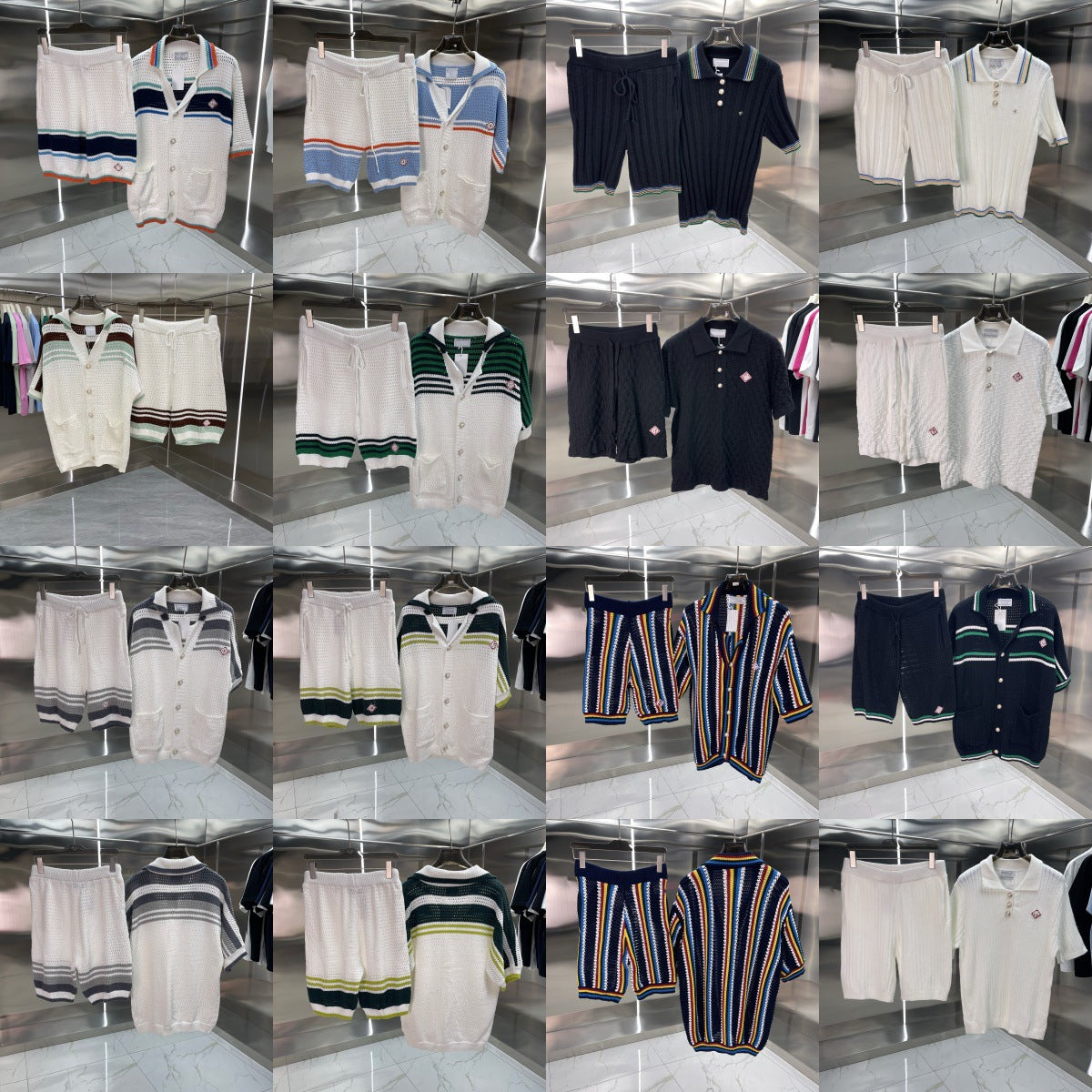 A 4x5 grid collage showing multiple pairs of matching knit clothing sets, including cardigans, shorts, and polo shirts, displayed on hangers against a mirrored metallic wall.