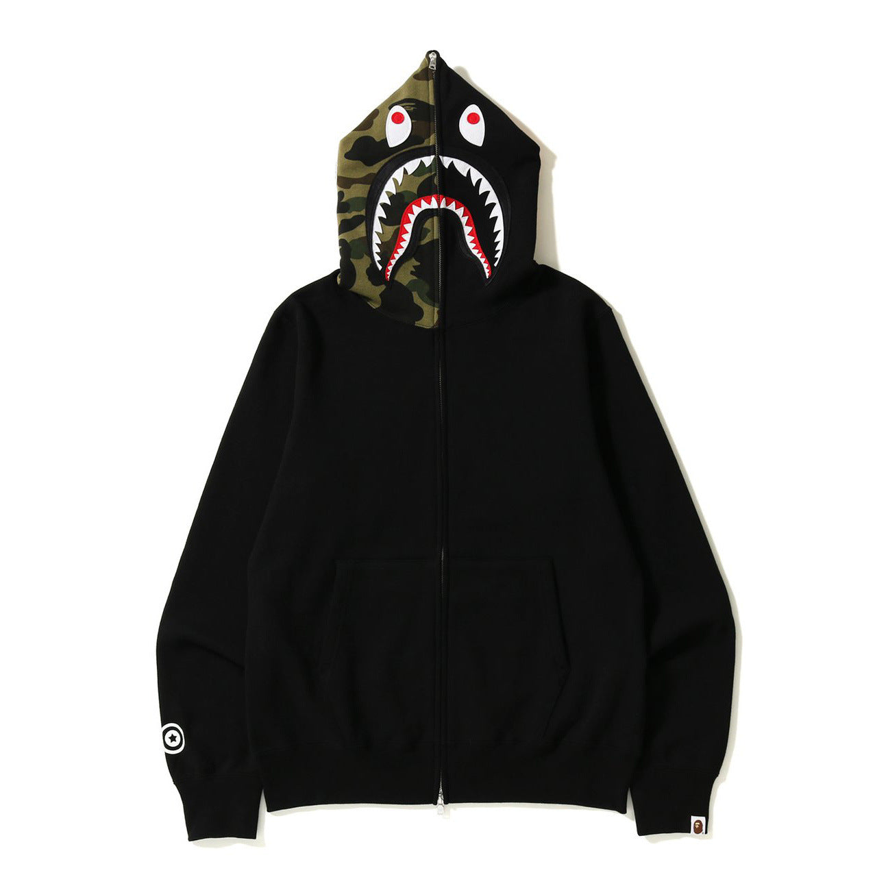 Black hoodie with a shark hood design on a white background