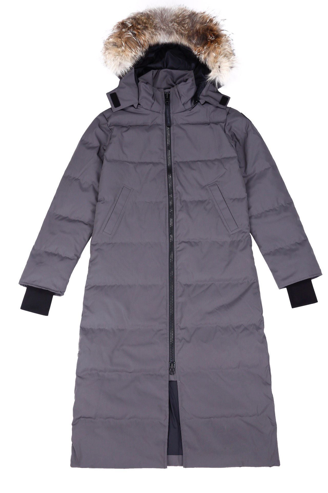 Long gray puffer coat with fur hood on a white background