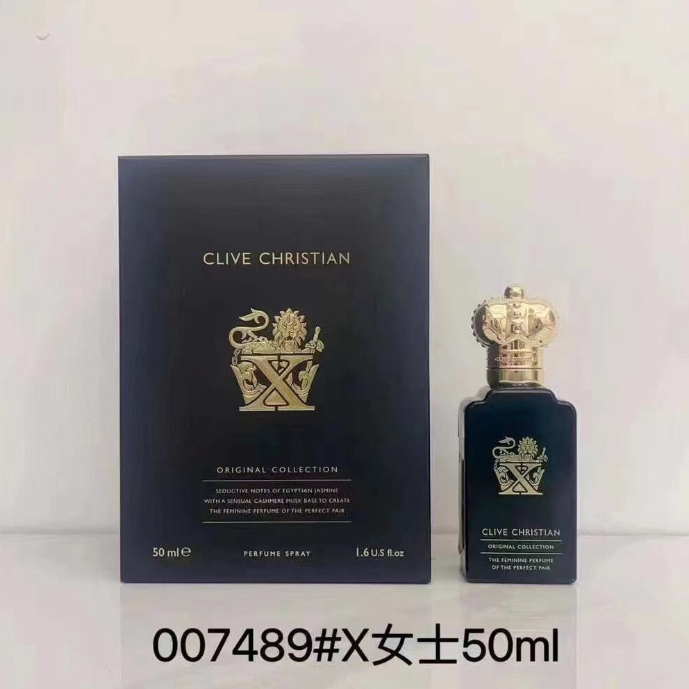 Clive Christian Original Collection perfume spray 50ml bottle with its black packaging box, featuring a gold crest logo on a white background with a product number overlay.