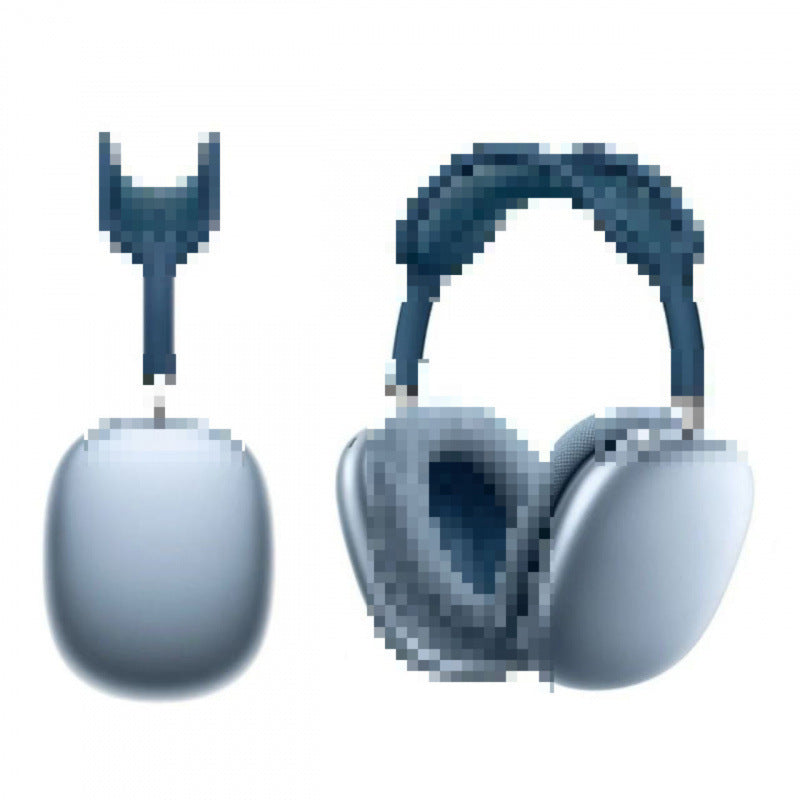 Blue headphones with a small tool-like device on a white background