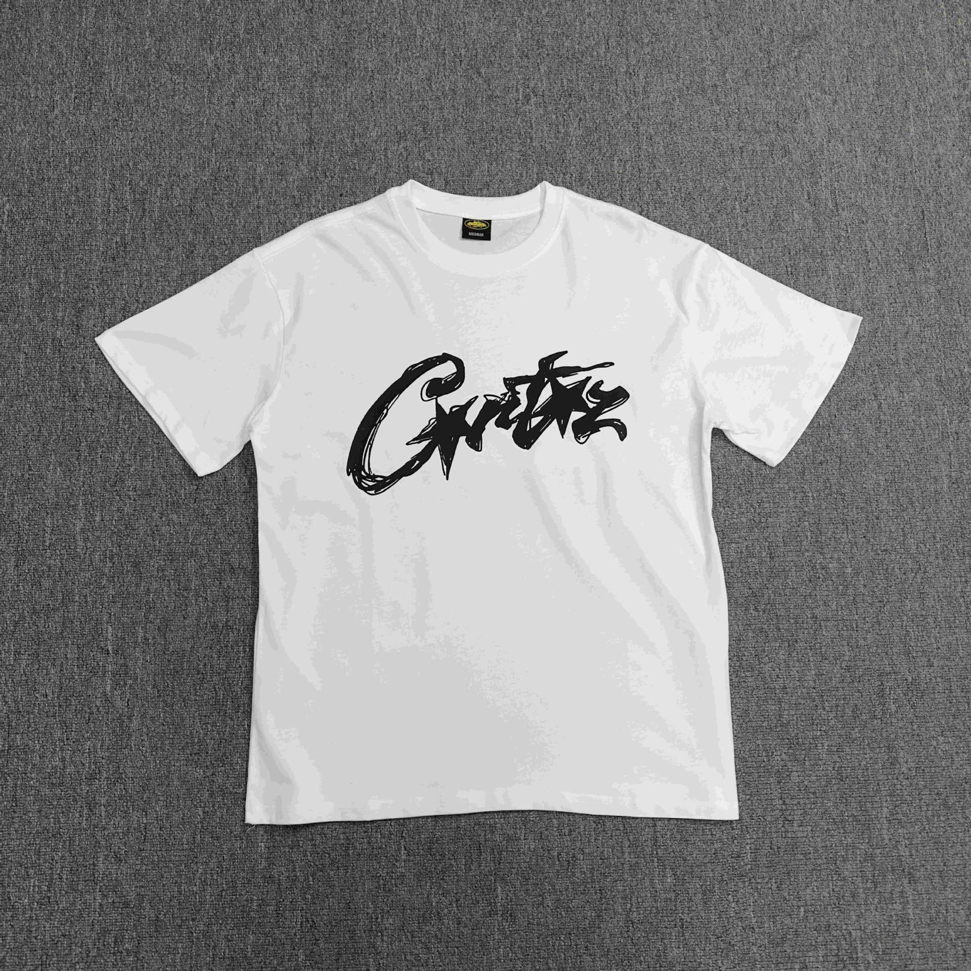 White t-shirt with black logo on a gray background