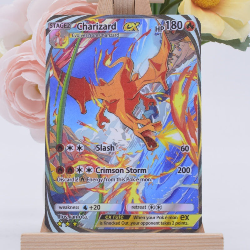 A Charizard EX trading card from the Evolving Skies expansion, displayed upright on a small wooden stand with pink and yellow flowers in the background.