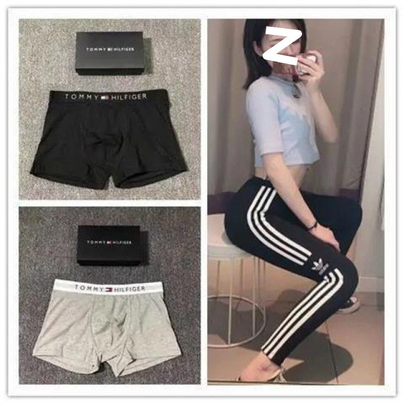 Collage of Tommy Hilfiger underwear and a person wearing black pants with white stripes.