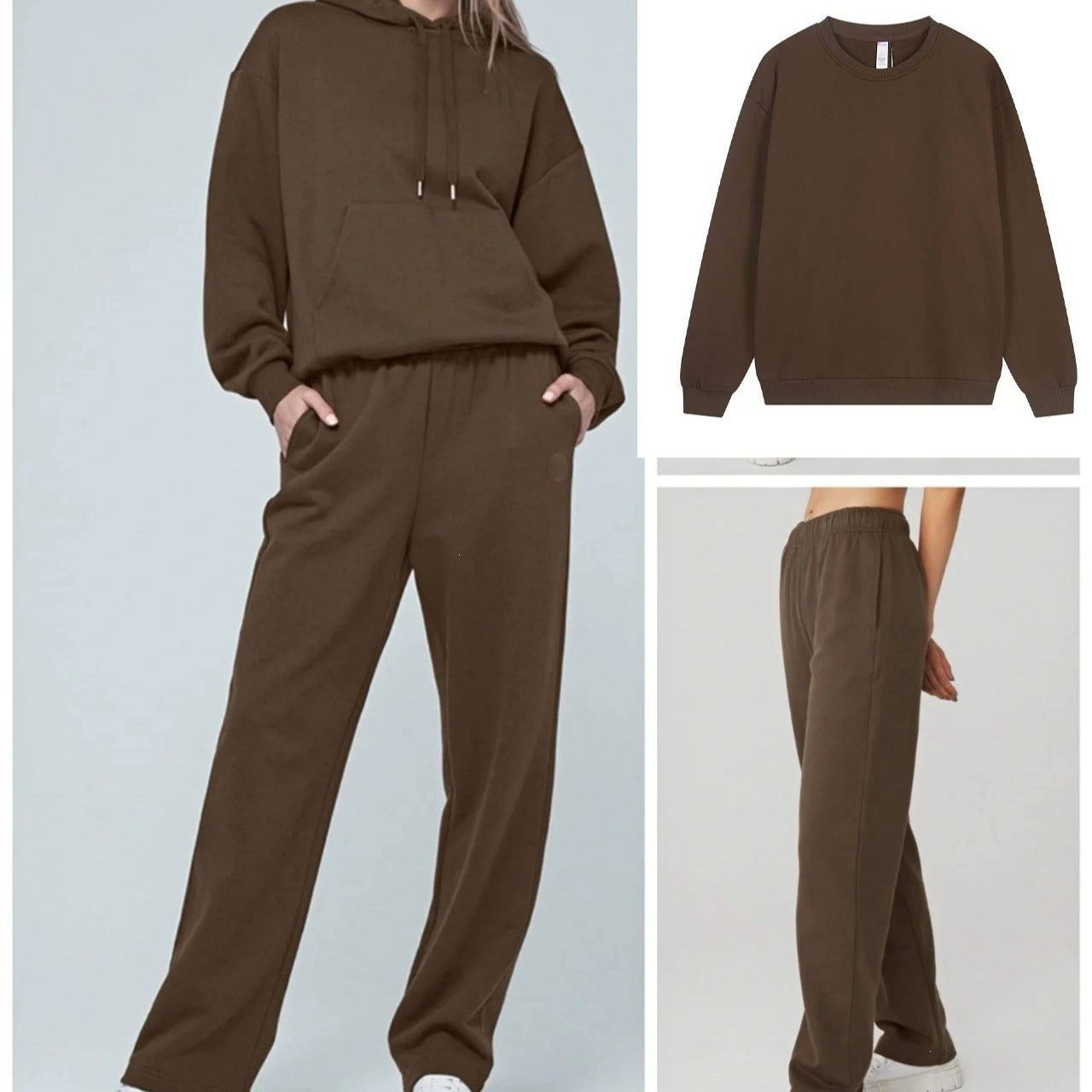 Brown tracksuit with separate sweatshirt and pants on a light blue background