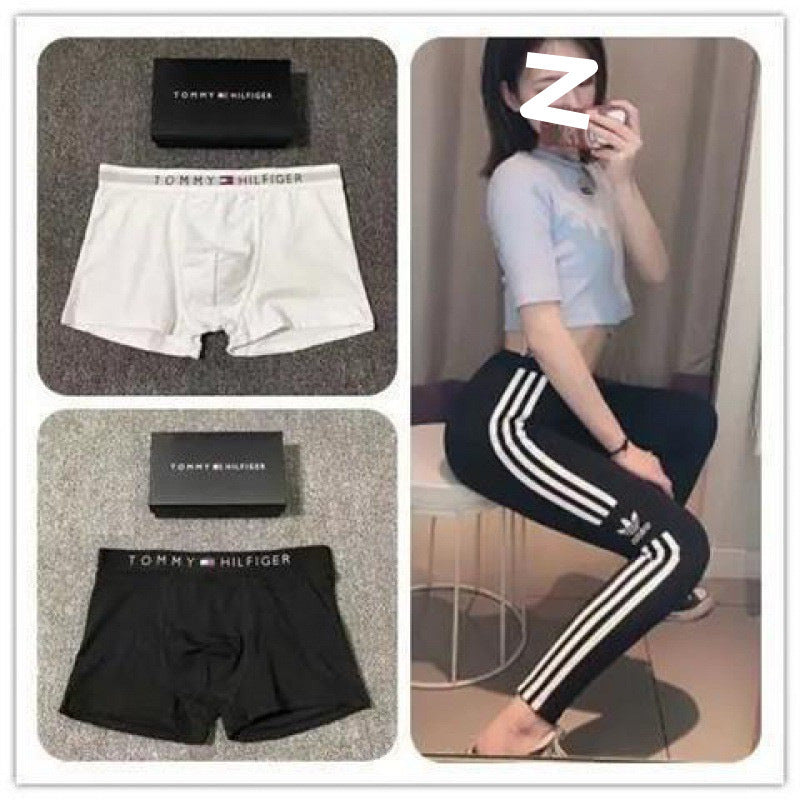 Collage of Tommy Hilfiger underwear with a person wearing Adidas pants.