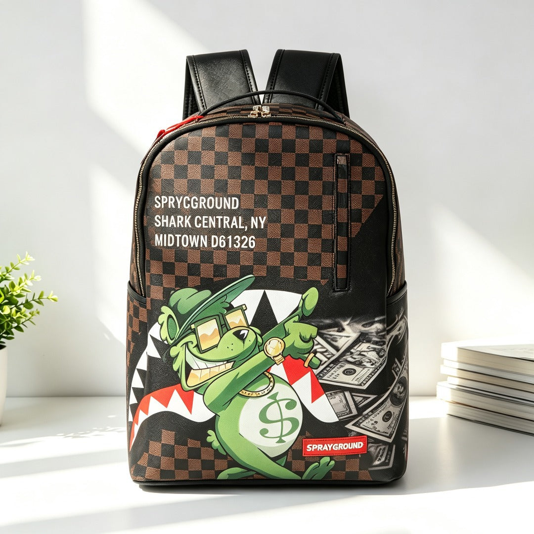 A Spyground backpack with a brown checkerboard pattern, black leather trim, and a green shark character graphic on the front, standing on a white surface with a small plant and books in the background.