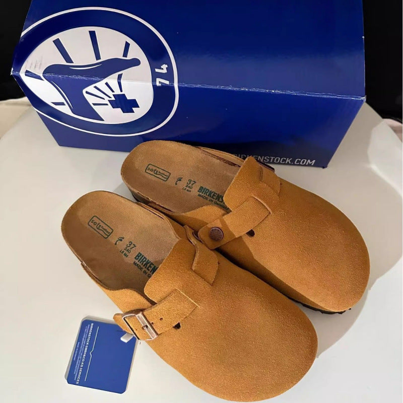 Brown sandals with a blue box featuring a logo on a white surface