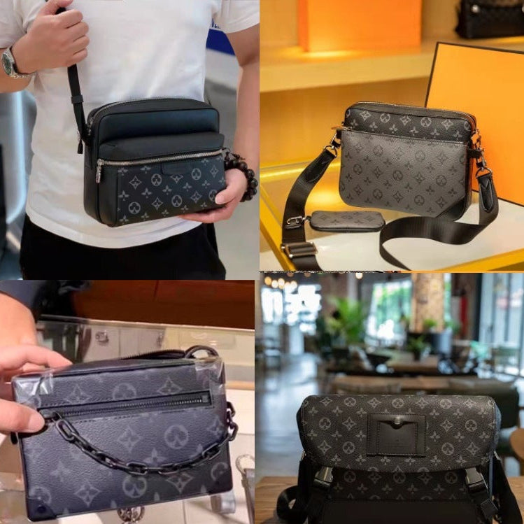 Collage of a black patterned handbag held by a person, displayed on a table, and in a store setting.