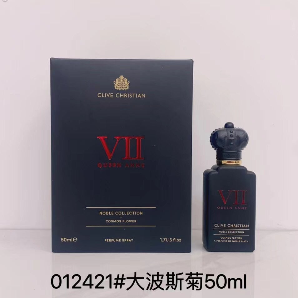 Clive Christian VII Noble Collection Connive Powder perfume 50ml bottle next to its dark navy blue box, with black text overlay at the bottom containing product code and website.