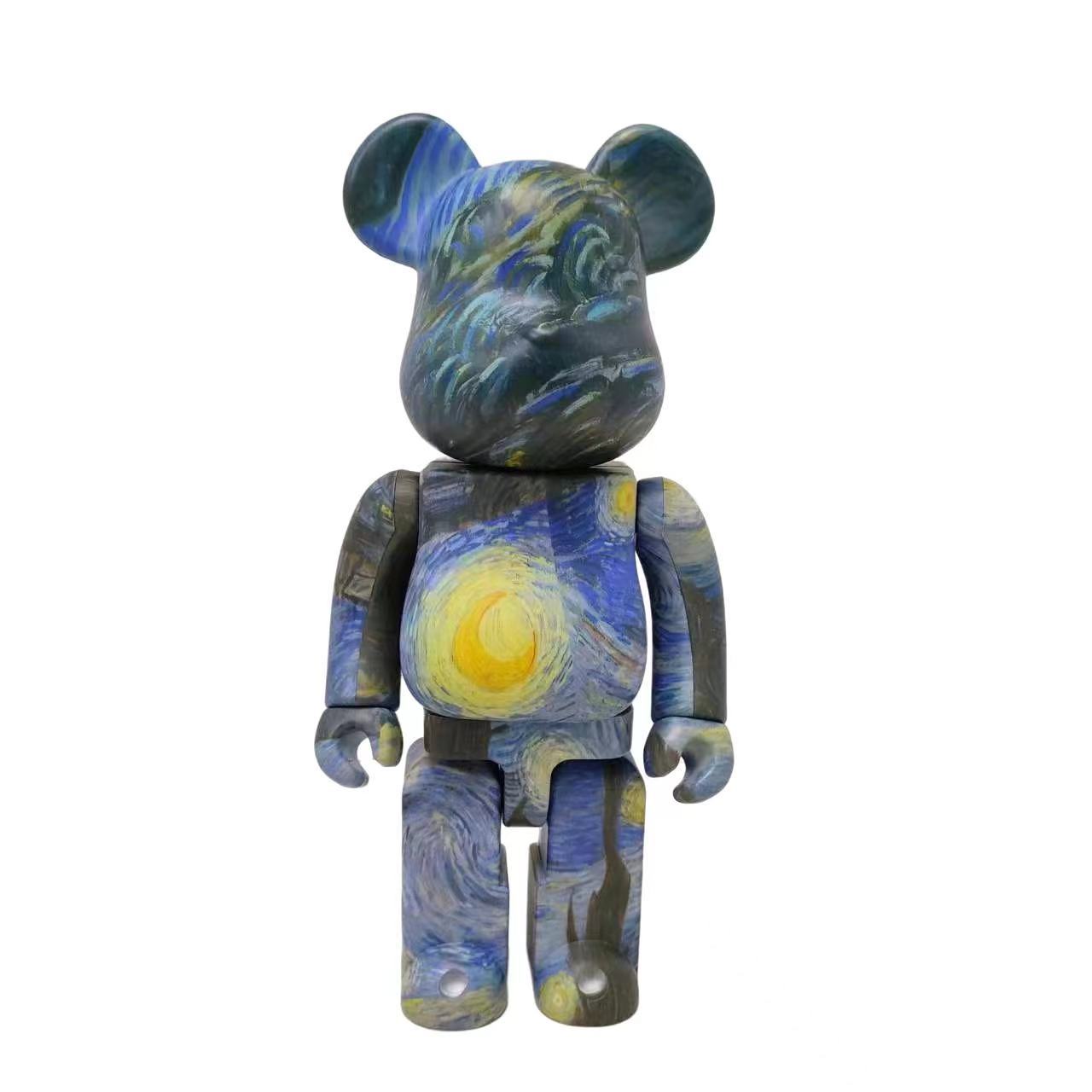 A bear-shaped collectible figure with a swirling blue, yellow, and gray painted design inspired by Van Gogh's Starry Night, shown against a plain white background.