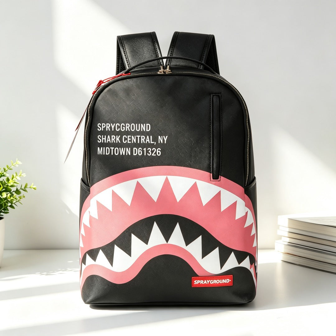 A black Sprayground backpack featuring the iconic shark mouth graphic in pink, white, and black, with white text reading 'SPRYCGROUND SHARK CENTRAL NY MIDTOWN D61326' on the front, set against a bright white background with soft shadows.