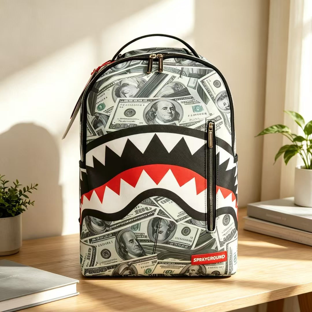 A Sprayground backpack featuring a $100 bill print and a shark mouth graphic, displayed on a wooden table in a sunlit room.