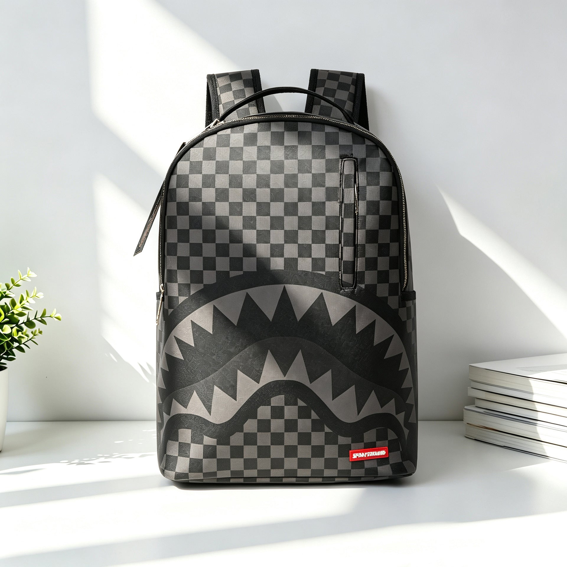 A gray and black checkered backpack with a shark-mouth graphic in black, gray, and white on the front, standing on a white surface against a white wall with soft sunlight and shadows. A small plant is on the left, and books are stacked on the right.