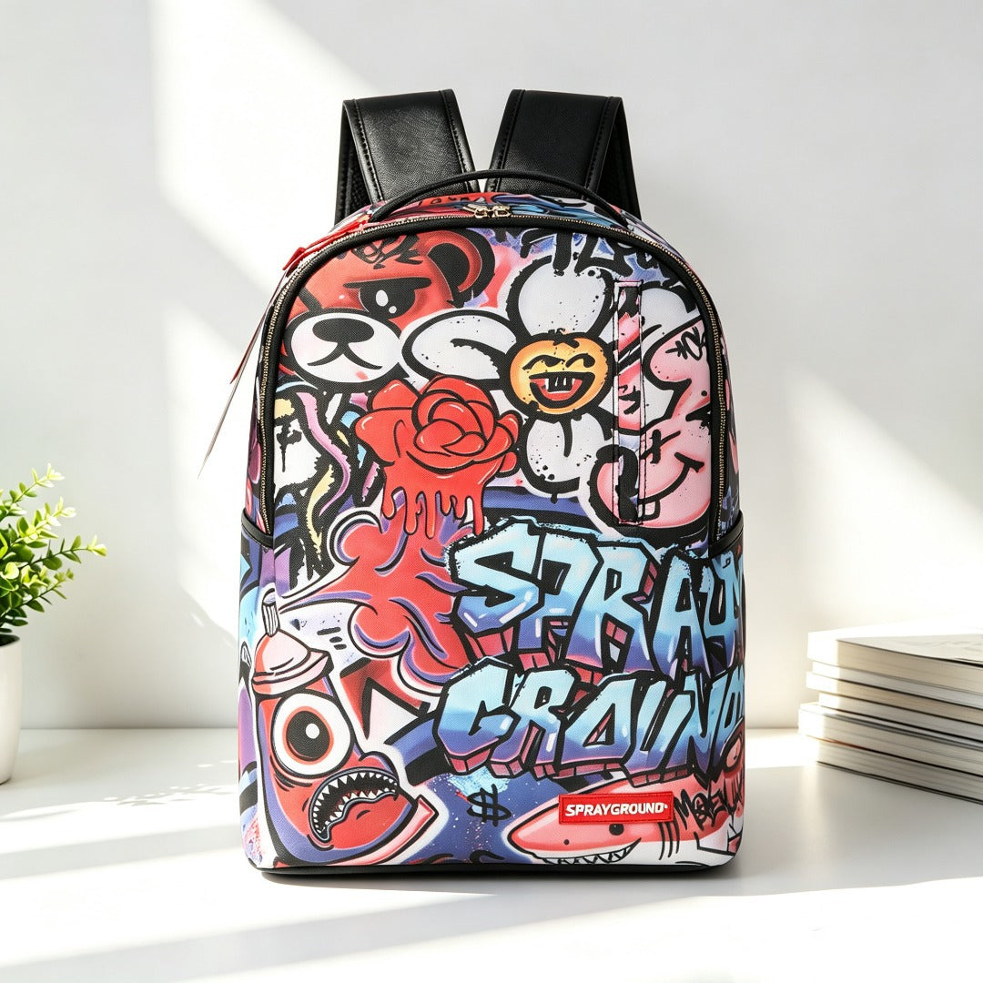 A backpack with a colorful graffiti-style print featuring cartoon faces, a red rose, and the words 'SPRAY GRAIN' and 'SPRAYGROUND', standing on a white surface with sunlight casting shadows, a small plant on the left, and books on the right.