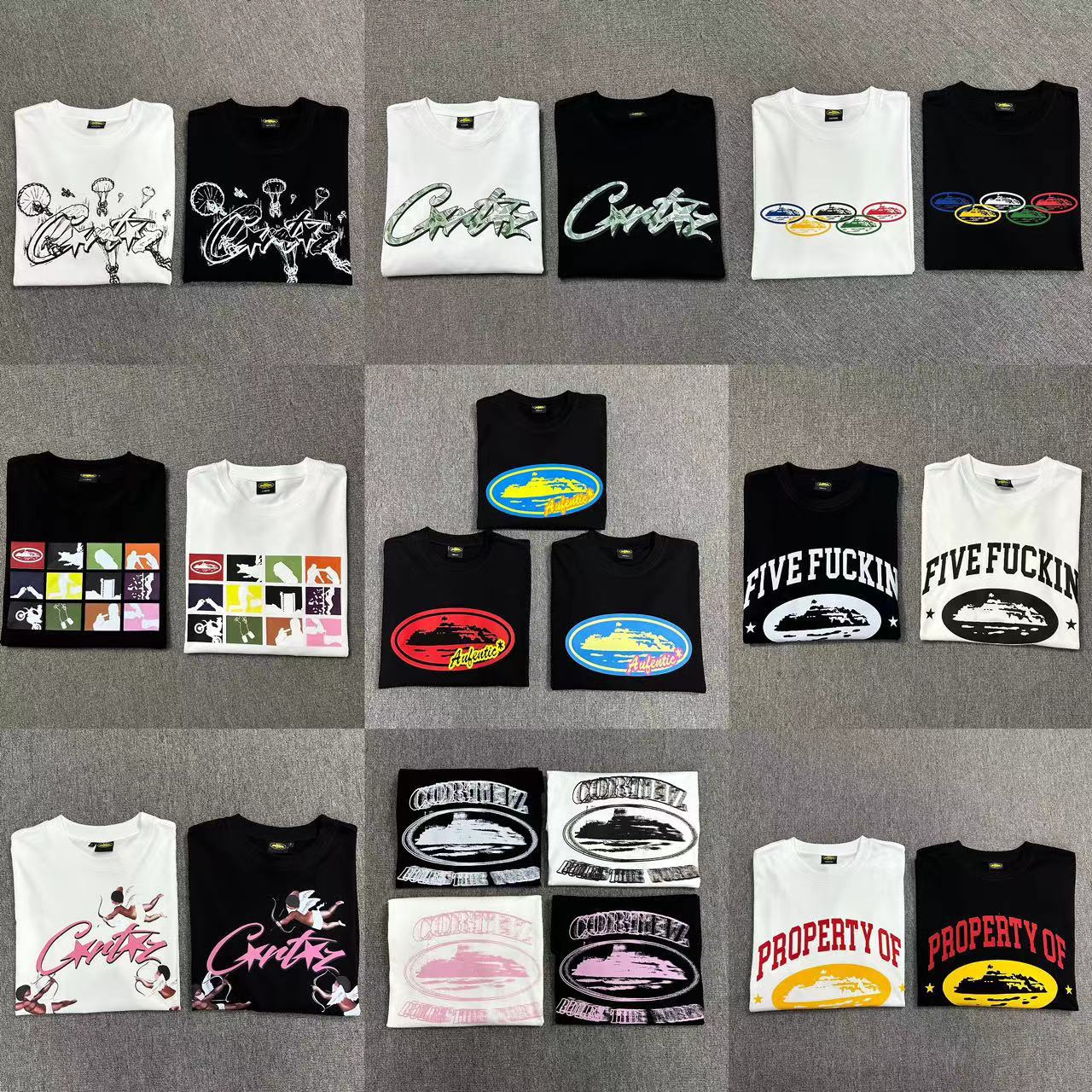 Collection of various t-shirts with different designs on a gray background