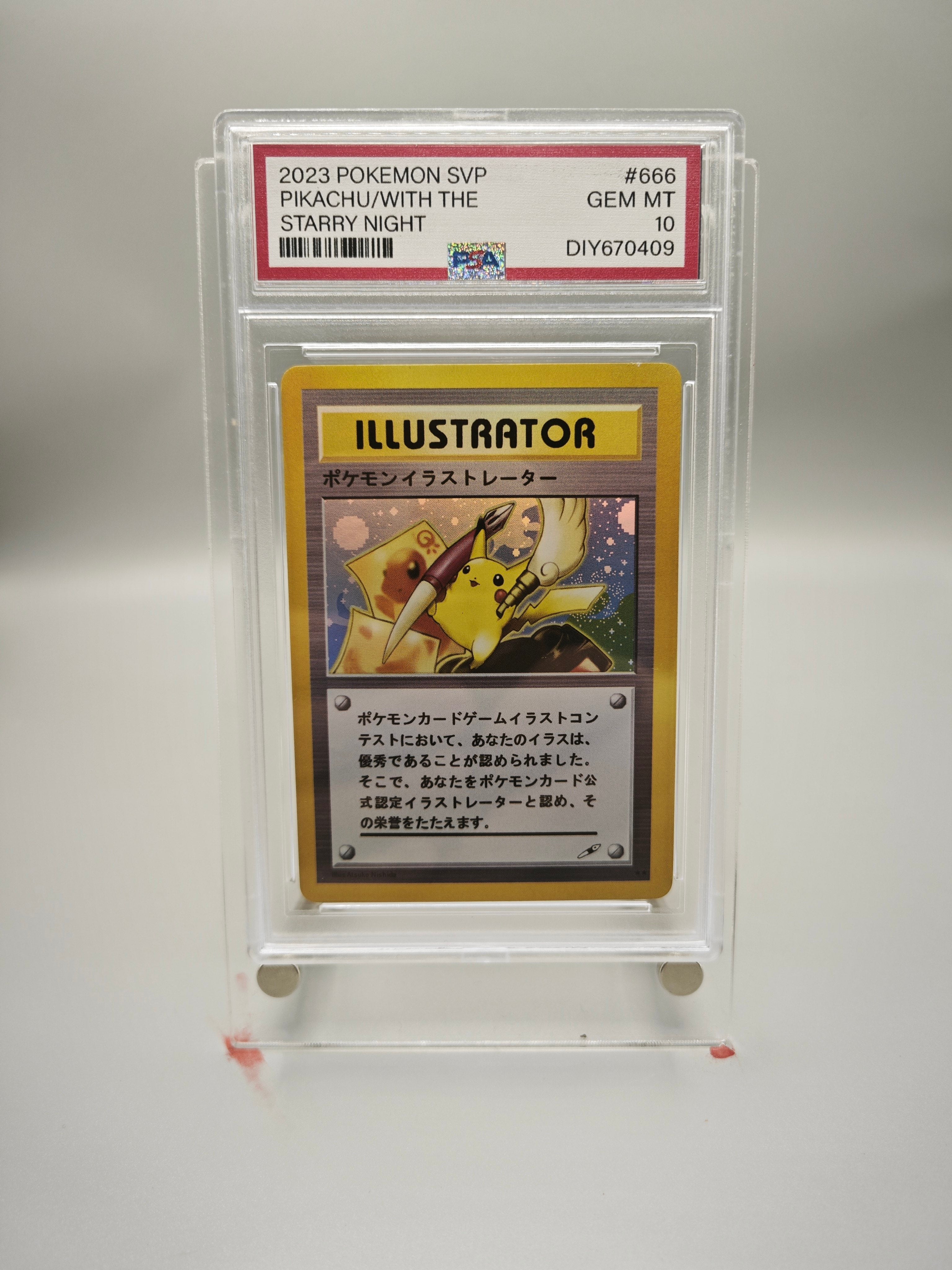 A graded Pokémon trading card in a clear plastic slab. The card is 'Illustrator Pikachu with the Starry Night' (SVP #006) with a gold border, featuring Pikachu painting in a starry night sky.