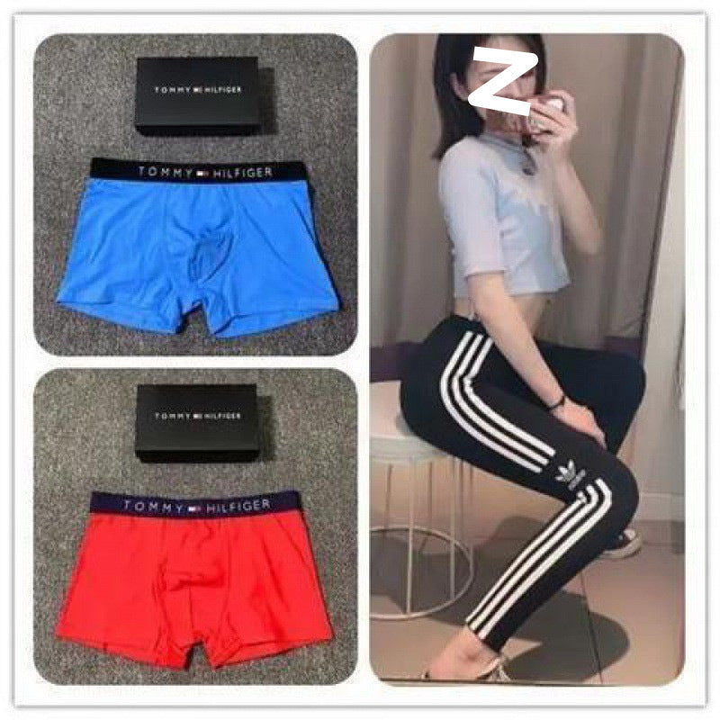 Collage of Tommy Hilfiger underwear, a woman wearing black pants with white stripes, and a box.