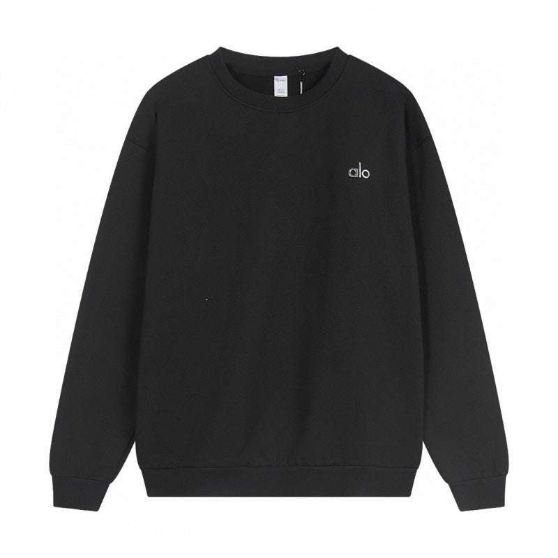 Black sweatshirt with a brand logo on a white background