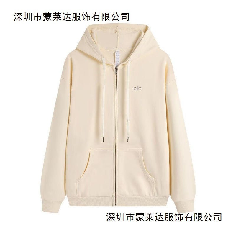 Beige hoodie with a brand logo on a white background