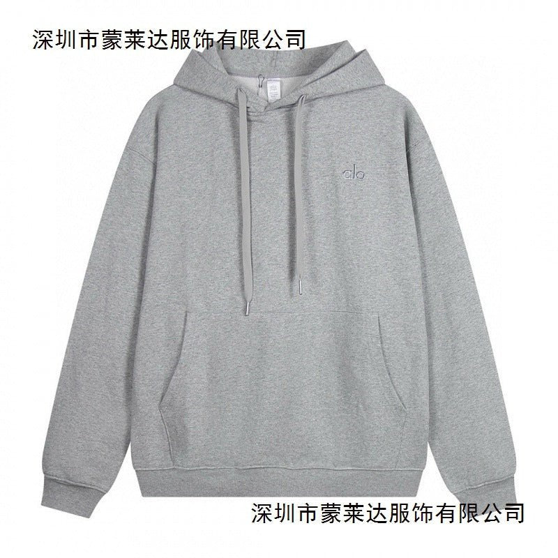 Gray hoodie with a small logo on a white background