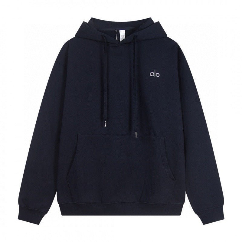 Navy hoodie with 'alo' logo on a white background
