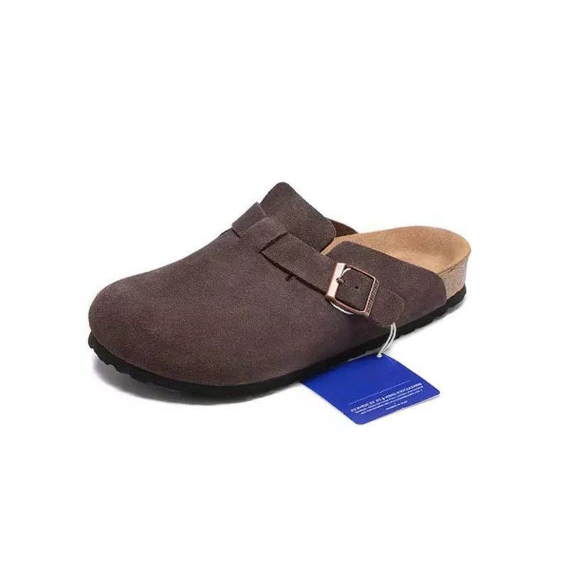 Brown suede clog shoe with a blue tag on a white background