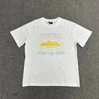 White t-shirt with graphic design on a gray background