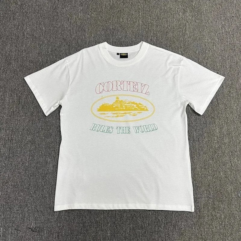 White t-shirt with graphic design on a gray background